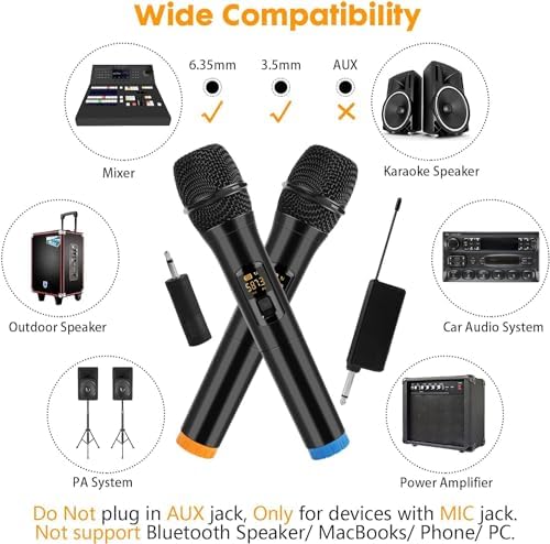 OMNEX Wireless Microphone, UHF Dual Portable Handheld Dynamic Karaoke Mic with Rechargeable Receiver, Cordless Karaoke System for PA System, Speaker, Amplifier, Family Party, Singing, Meeting, 160 ft