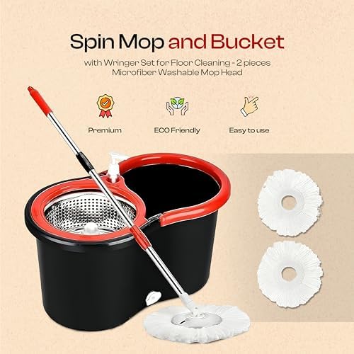 OMNEX Spin Mop and Bucket Set with Wringer, 2 Microfiber Mop Heads, Wet and Dry Use, Black and Red